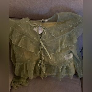 NWT American Eagle Sheer Ruffle Tie-Front Blouse - Sage Green